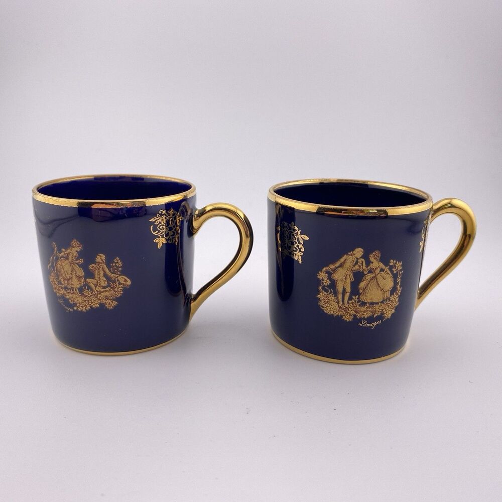 Set of 2–limoges castel france demitasse cup cobalt blue gold